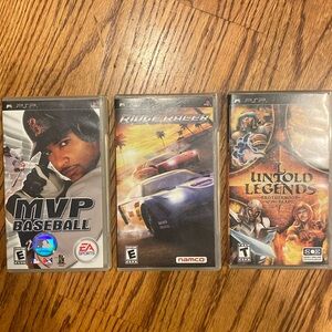 PSP Lot of 3 PlayStation Video Games MVP Baseball Ridge Racer Untold Legend E T